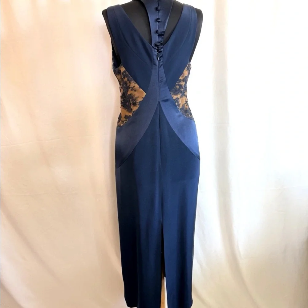 Peggy Jennings Navy Satin Midi Dress with Lace Sides - size Small - Picture 4 of 6